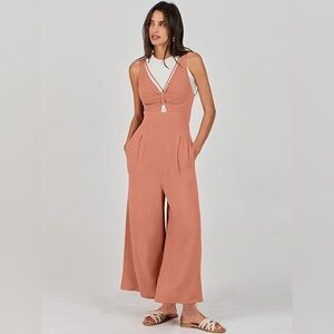 Women's Summer Wide Leg Linen Jumpsuits Dressy V Neck Sleeveless Casual Pants